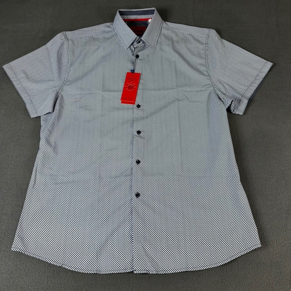 American Breed Mens XXL Shirt Short Sleeve Button Down Navy White Micro Dot